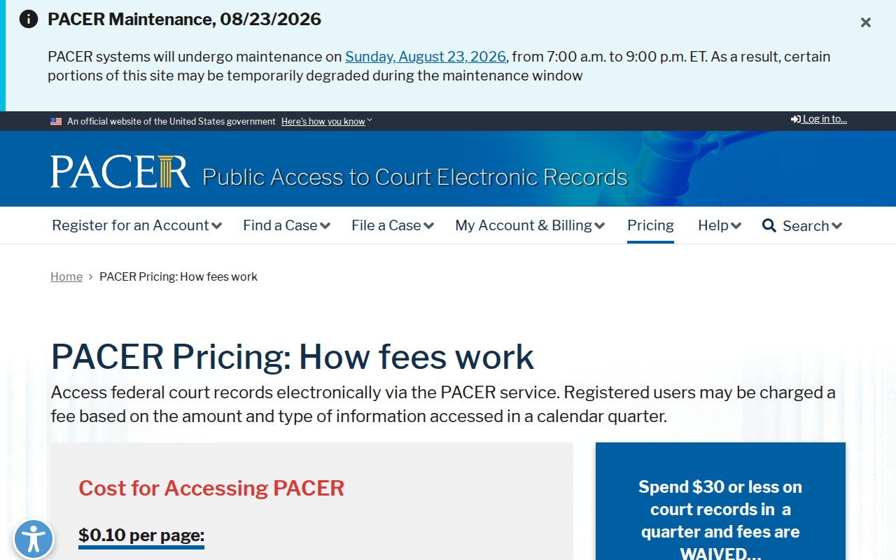Columbia County case search PACER federal access fees