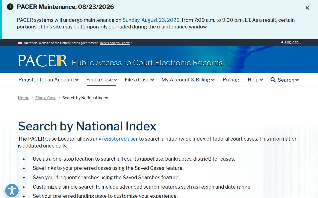 Columbia County case search PACER national case locator