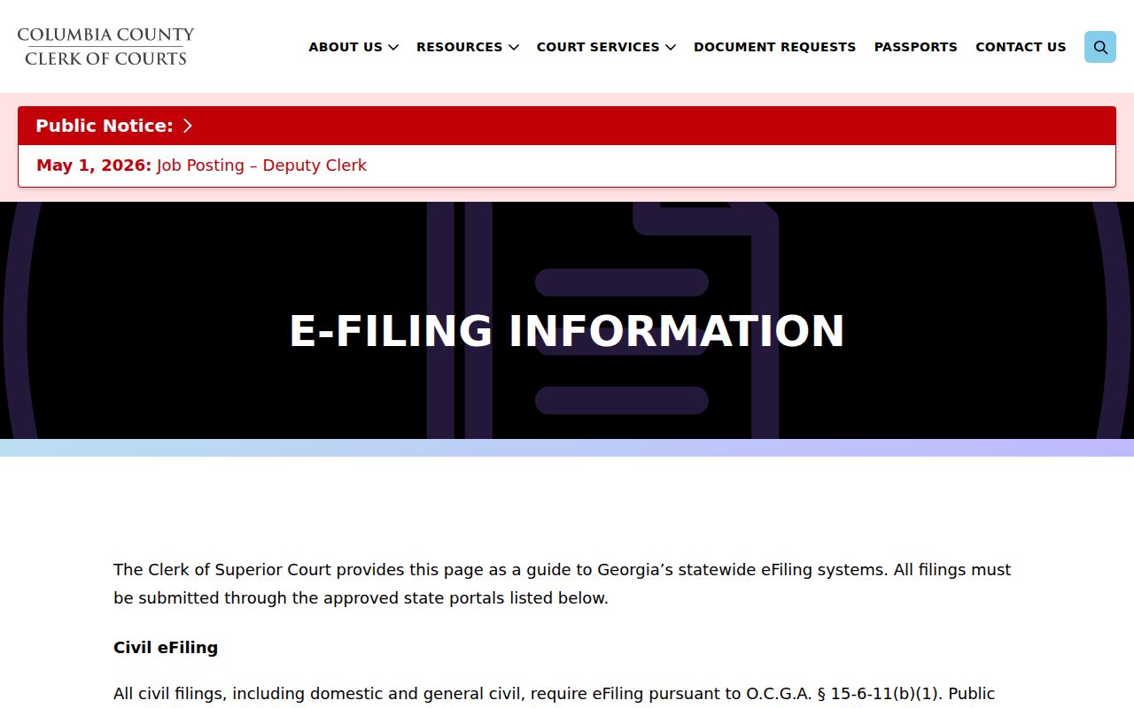 Columbia County civil court docket clerk e-filing source