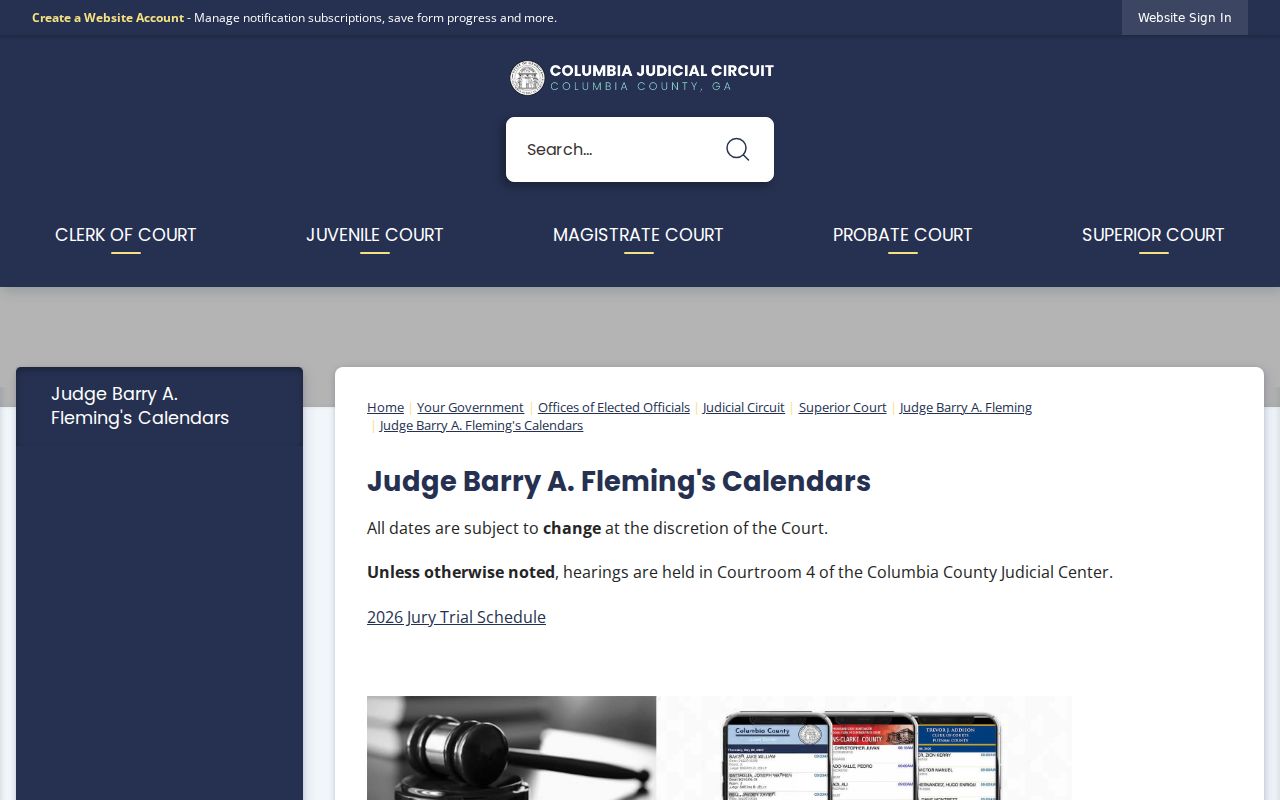 Columbia County court dates Judge Fleming Courtroom 4 calendar source