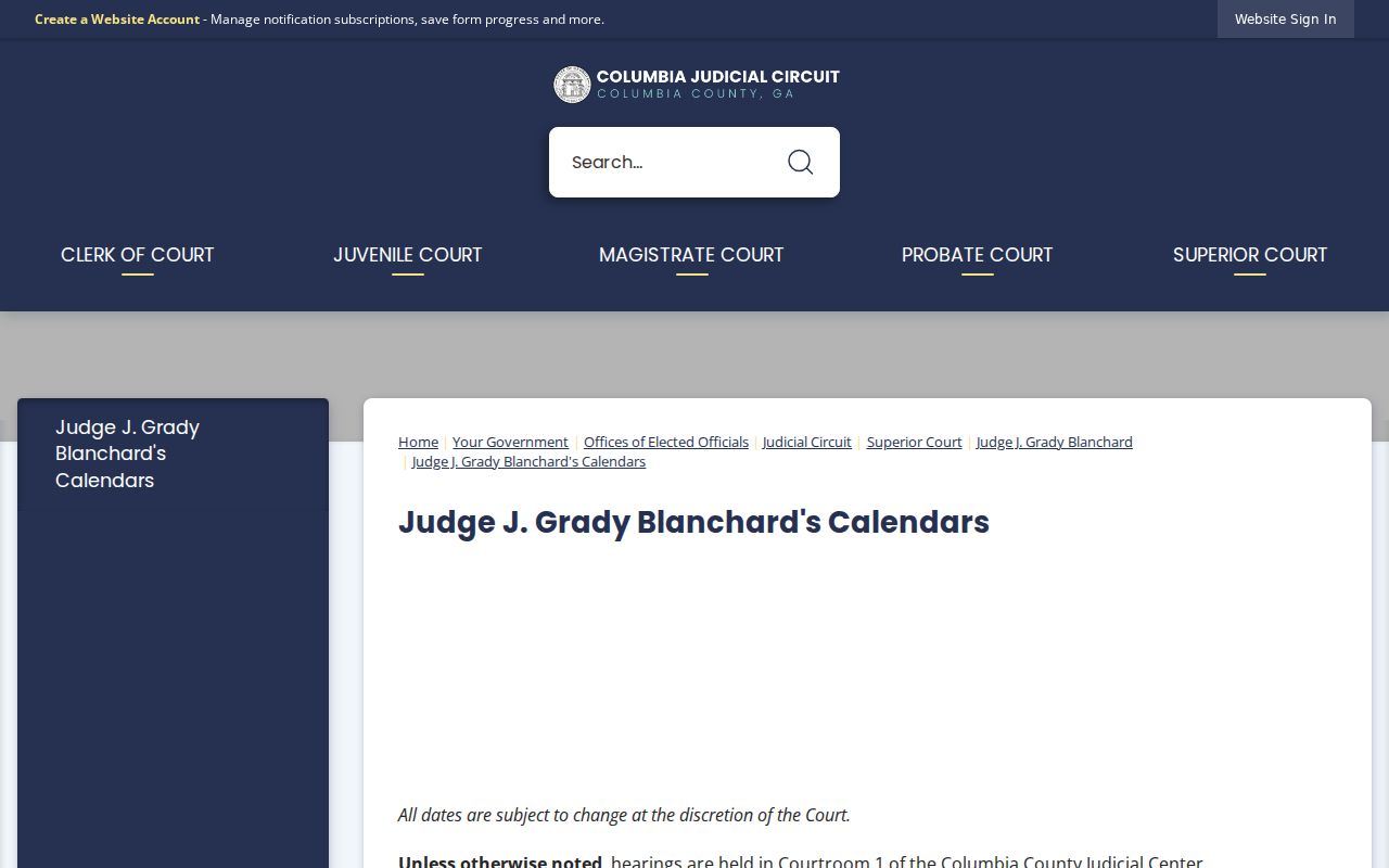 Columbia County court dates Judge Blanchard revised calendar source