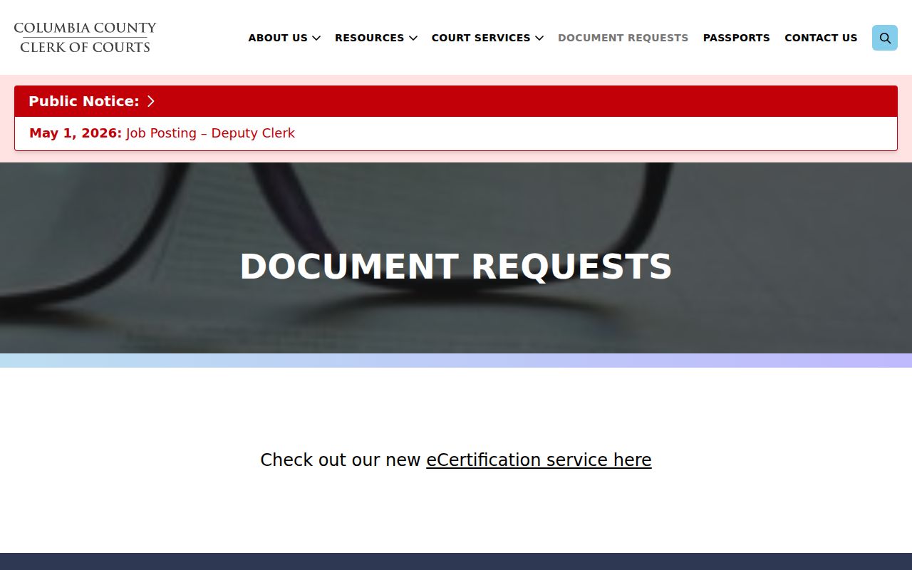 Columbia County court record search document request counter
