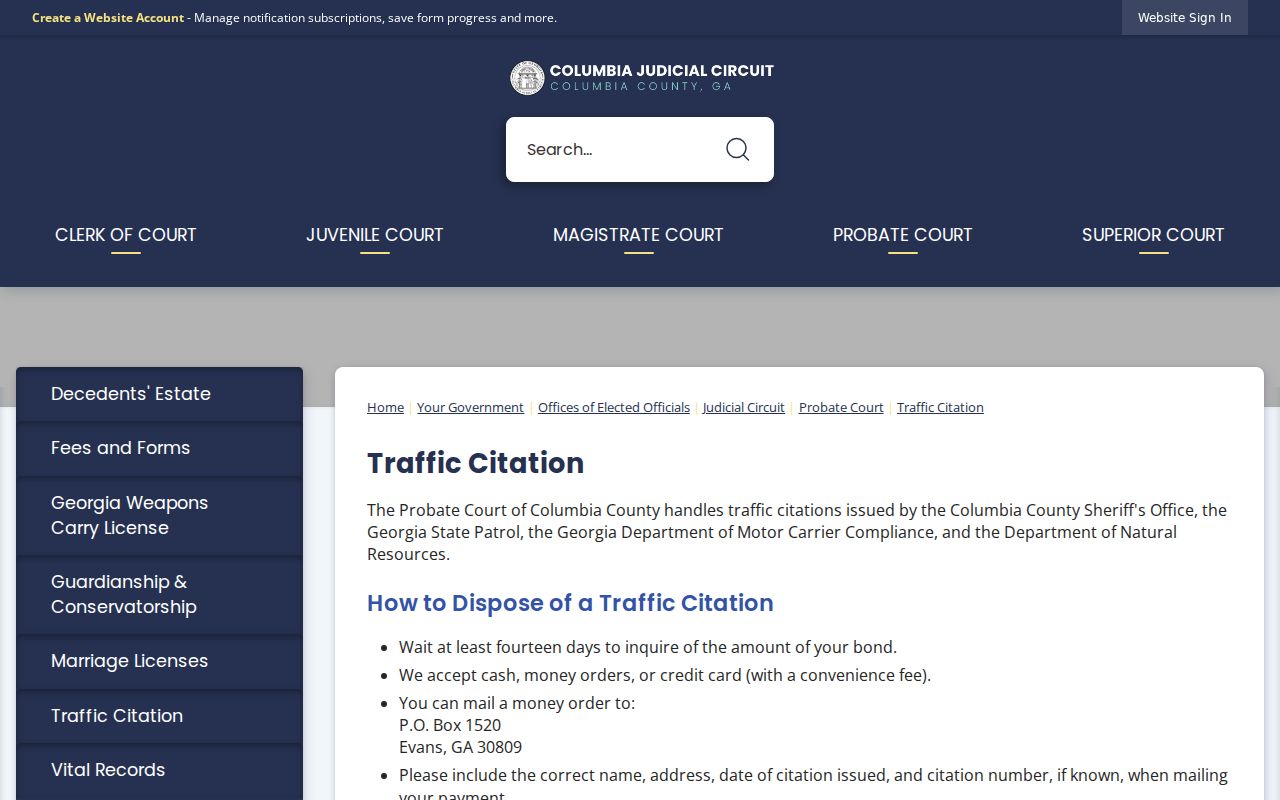 Columbia County traffic court records citation route