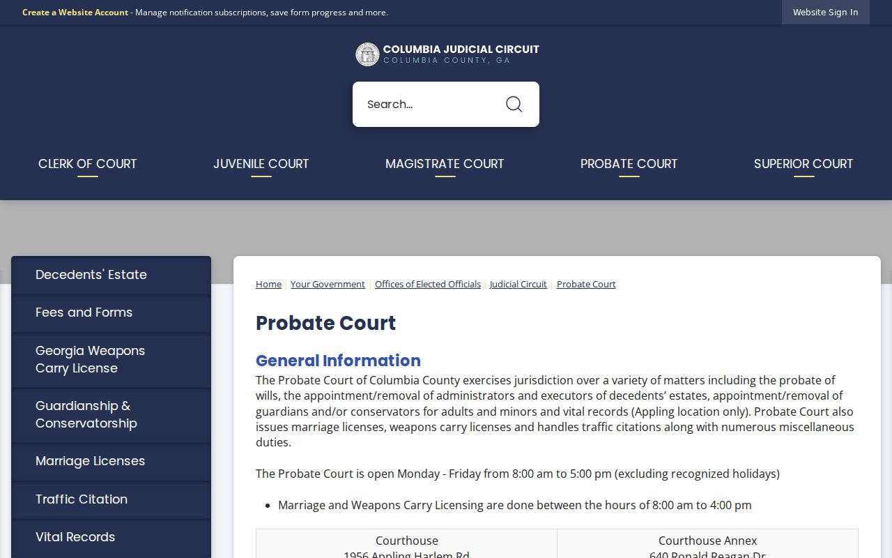 Columbia County traffic court records Probate Court